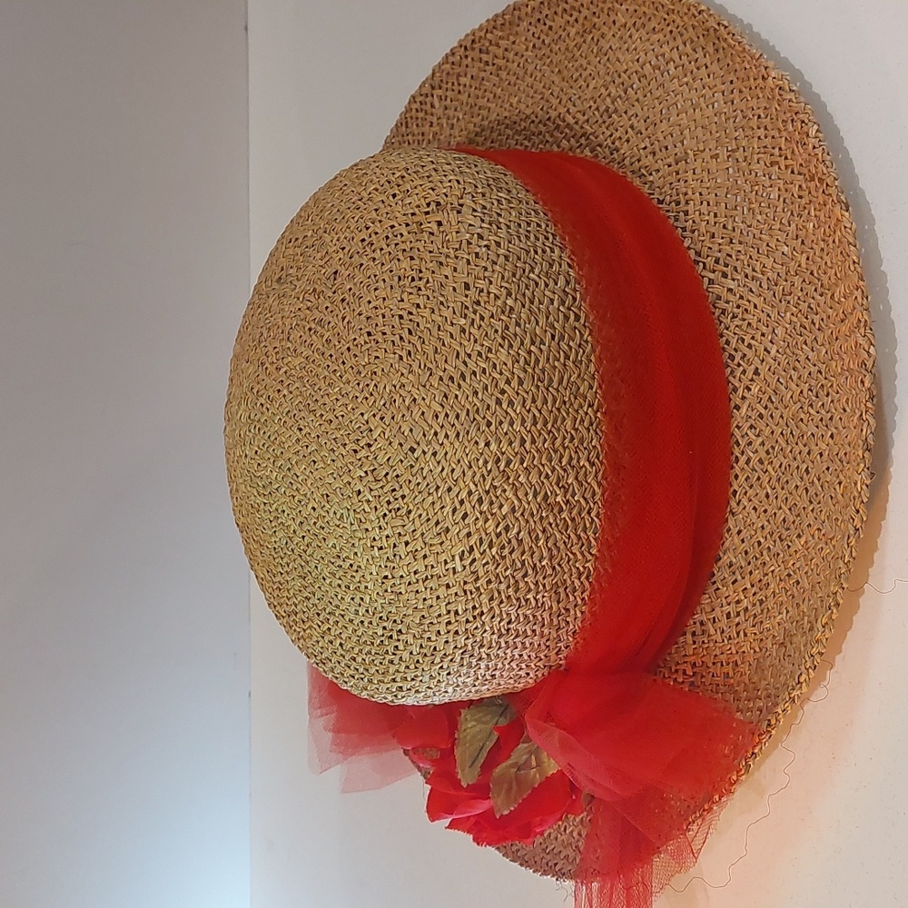Straw Woven Hat with Red Scarf Band - Picture 5 of 5
